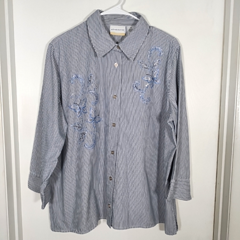 Alfred Dunner 16W Blue Striped Embellished Sparkle Button Blouse 3/4 Sleeve Top